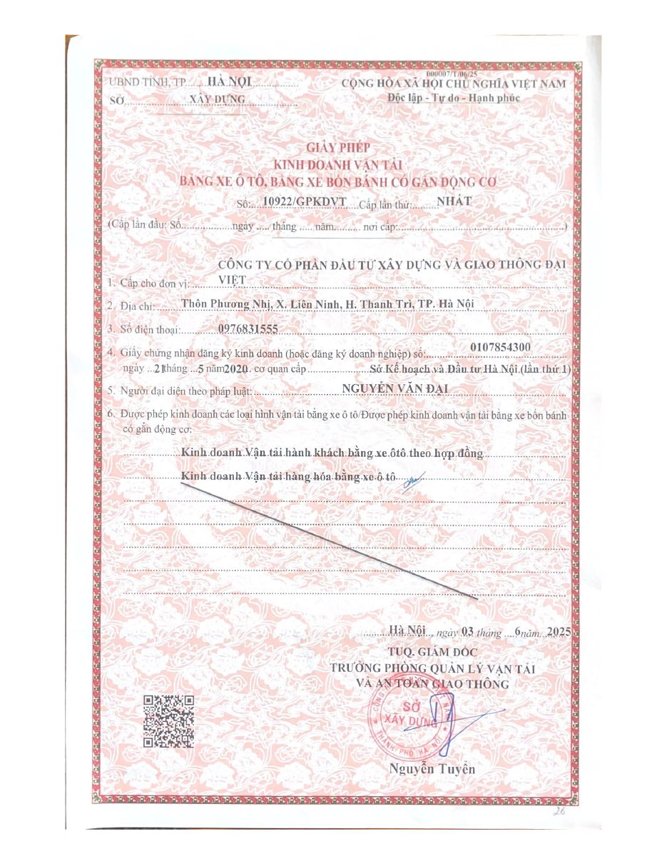 Giấy phép kinh doanh vận tải bằng xe ô tô số 10922/GPKDVT của Công ty CP Đầu tư Xây dựng và Giao thông Đại Việt
